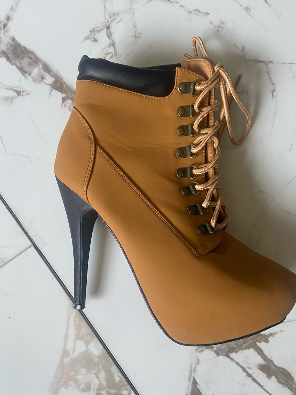 Tan Lace-Up 5” Stiletto Heel  Ankle Boot in playful construction theme